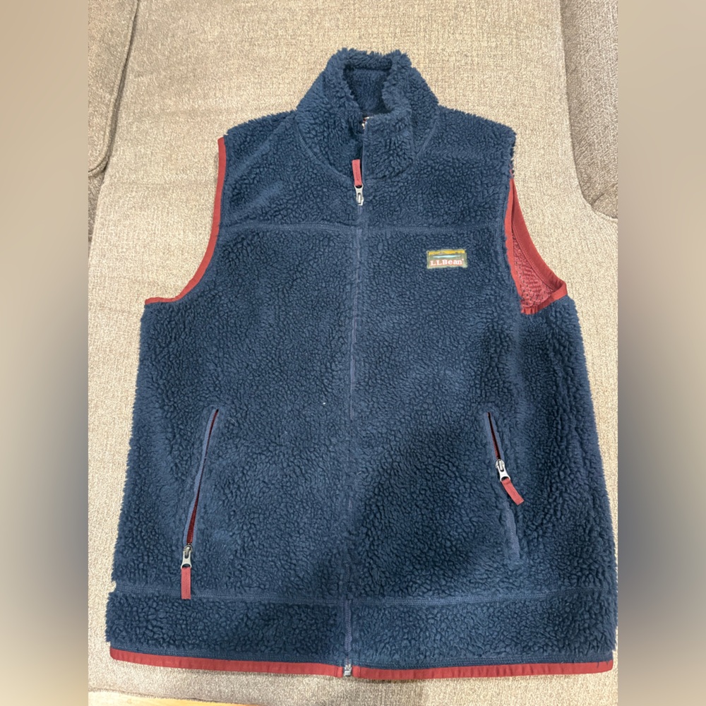 L.L. Bean Navy Blue Fleece Vest with Red Accents